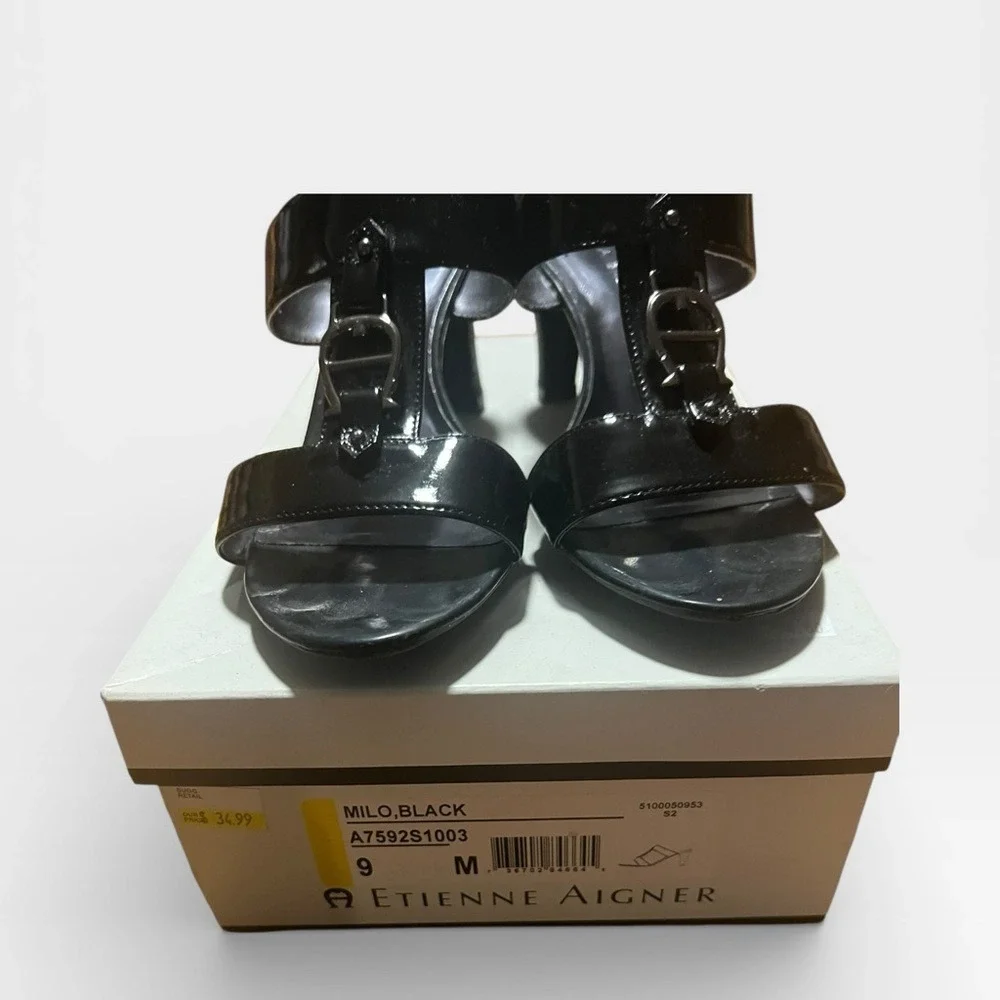 Etienne Aigner Women 9M‎ Black Milo Heeled Sandal Horseshoe Open Toe Straps